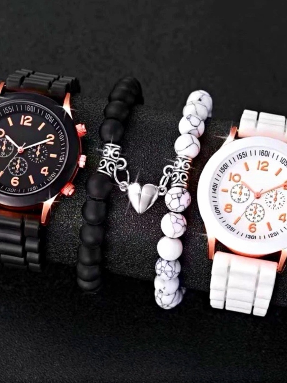 Black and White Couple Watch Set with Beaded Heart Bracelets